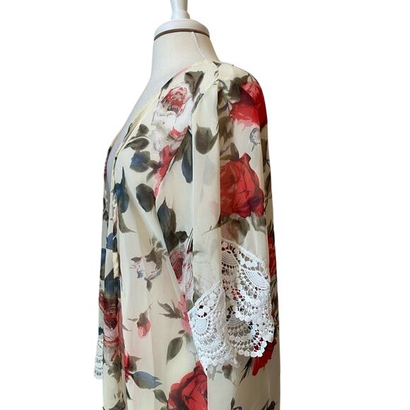 Women's L Boho Floral Sheer Lace Open Front Kimono Cover Up Beach Travel - Picture 3 of 7